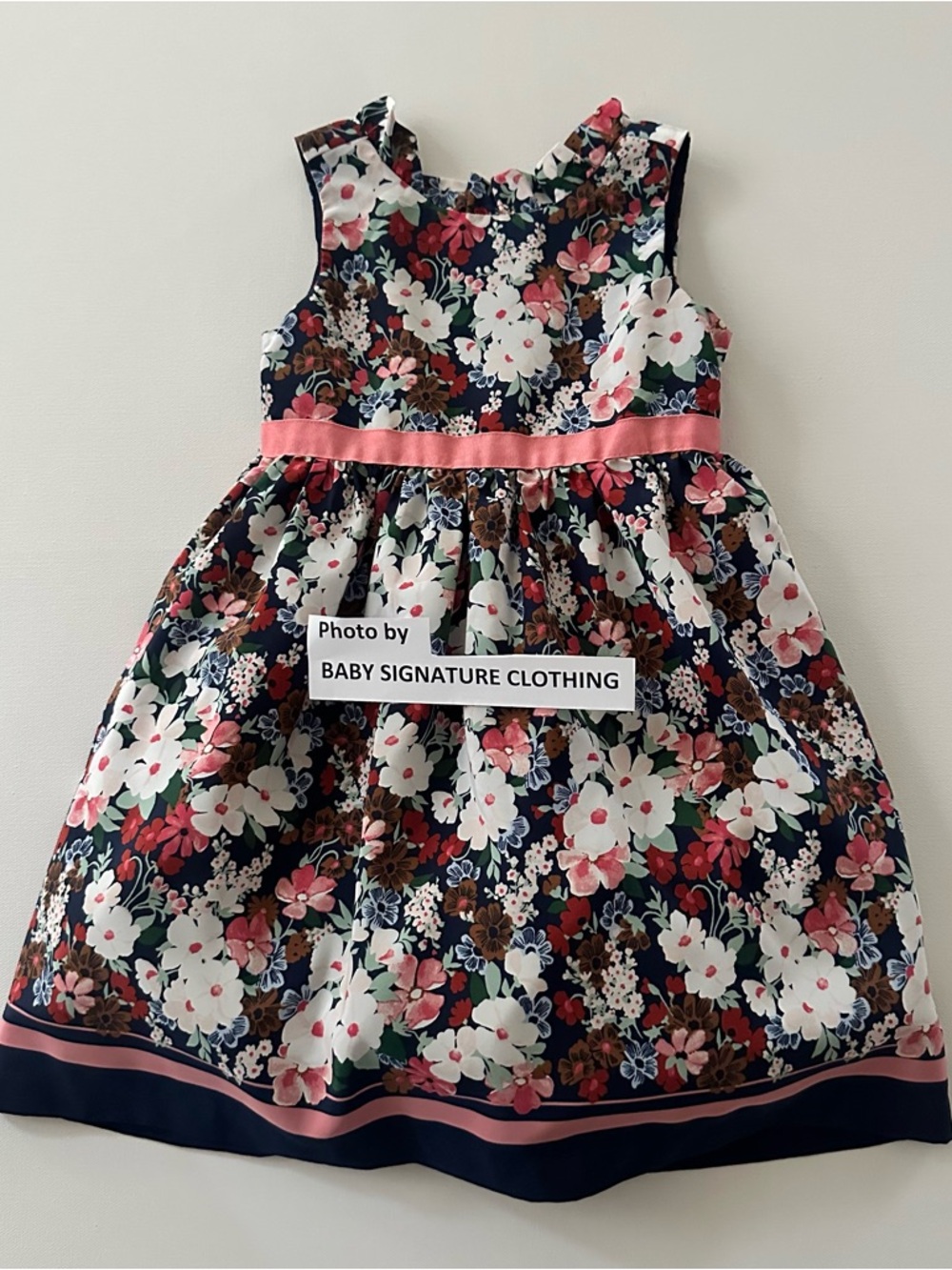 Janie and Jack 2T Toddler Girl Navy Pink Floral Satin Dress Pink Ribbon Party